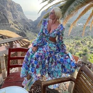 PatBo Blossom Purple Watercolor Cut Out Long Sleeve Ruffle Beach Maxi Dress Lg